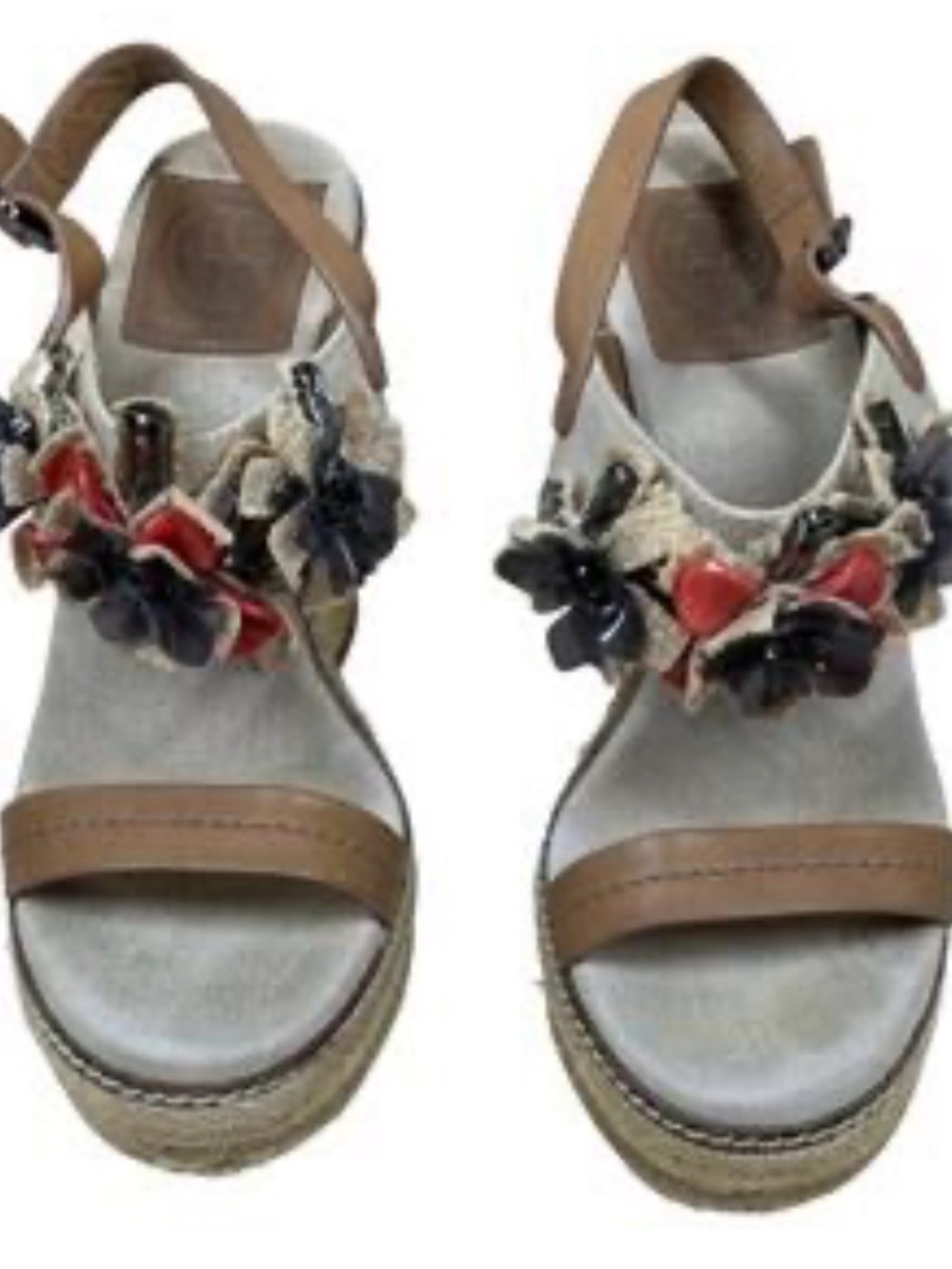Tory Burch Tan Espadrille Wedge Sandals with Multicolor Floral Appliqué